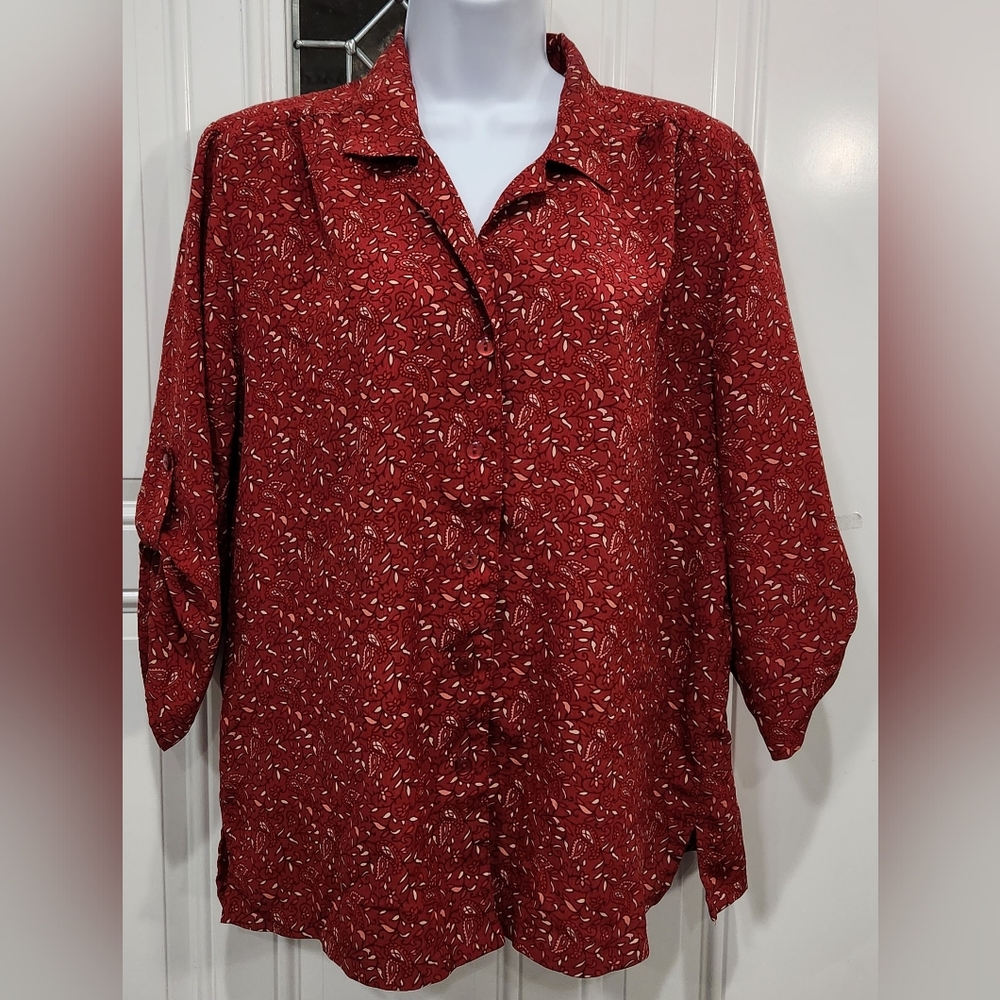 Donn Kenny red button down blouse women's (no size tag) XL
